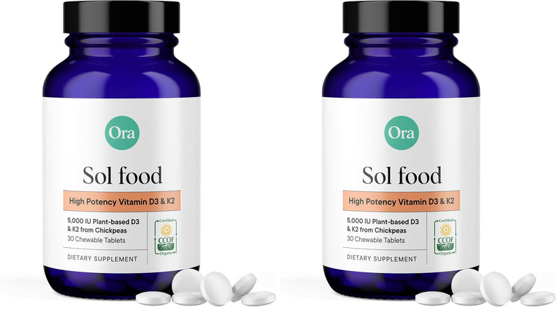 Ora Organic Vitamin D3 5000IU + K2 - Vegan Vitamin D from Lichen and K2 from Chickpeas for Bone Health, Immune Support, & Mood, Maximum Absorption - 1 Month Supply, 30 Chewable Tablets (Pack of 2) 1 Count (Pack of 60) Organic Tablets - 5000 IU