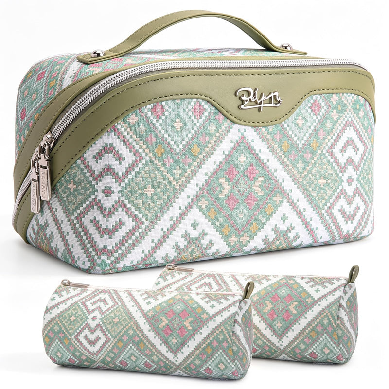 BOYATU Travel Makeup Bag Organizer: Boho Large Capacity Cosmetic Bag Sets | 3Pcs Waterproof Leather Toiletry Bags | 180°Open Flat Make up Case with Compartments | Western Travel Essentials for Women 17-Mint Green