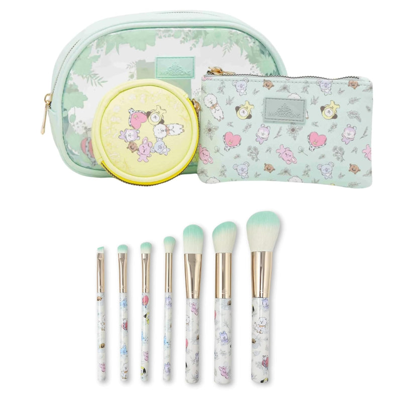 Impressions Vanity BT21 2-Bundle Set: 3 PC Makeup Bag Set with Large, Medium and Small Pouches and 7 PC BT21 Makeup Brush Set with Natural Garden Design Handles