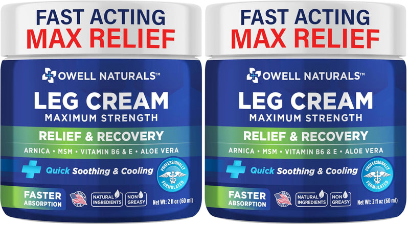 OWELL NATURALS Relief Legs Cream, Deep Penetrating Soothing Formula, Fast Acting & Maximum Strength with Arnica, Aloe Vera Vitamin E, for Muscles, Calf, foot, ankle, 2 oz (Pack of 2) 2 Fl Oz (Pack of 2)