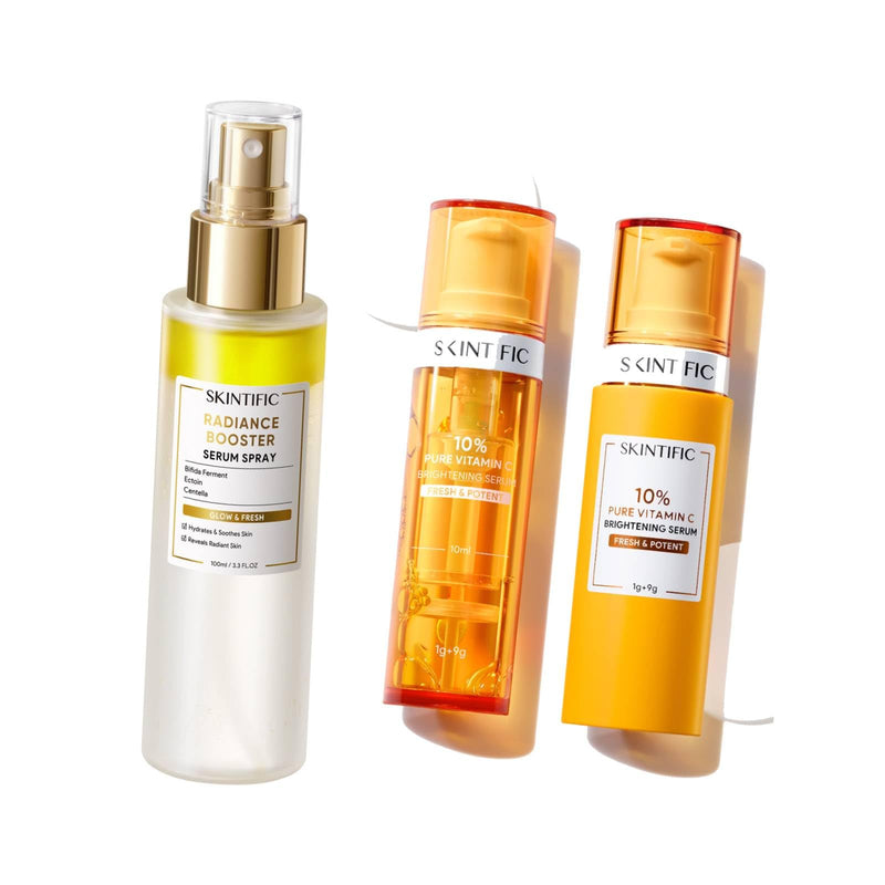 SKINTIFIC Radiance Booster Serum Spray, Hydrating Face Mist with Bifida Ferment & Squalane + Dual-Chamber Fresh Vitamin C Brightening Serum for Face