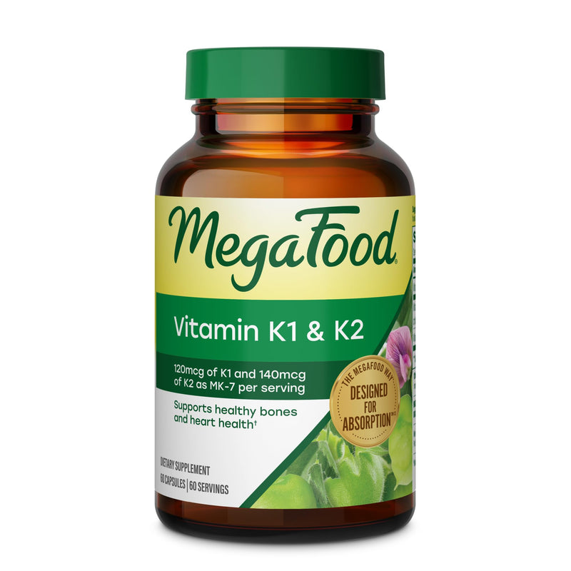 MegaFood Vitamin K1 & K2, Heart Health Support, 60 Capsules | Vitamin K2 MK7 from Fermented Chickpeas, Works with Calcium to Support Healthy Bones, Supports Heart Health, 60 Servings