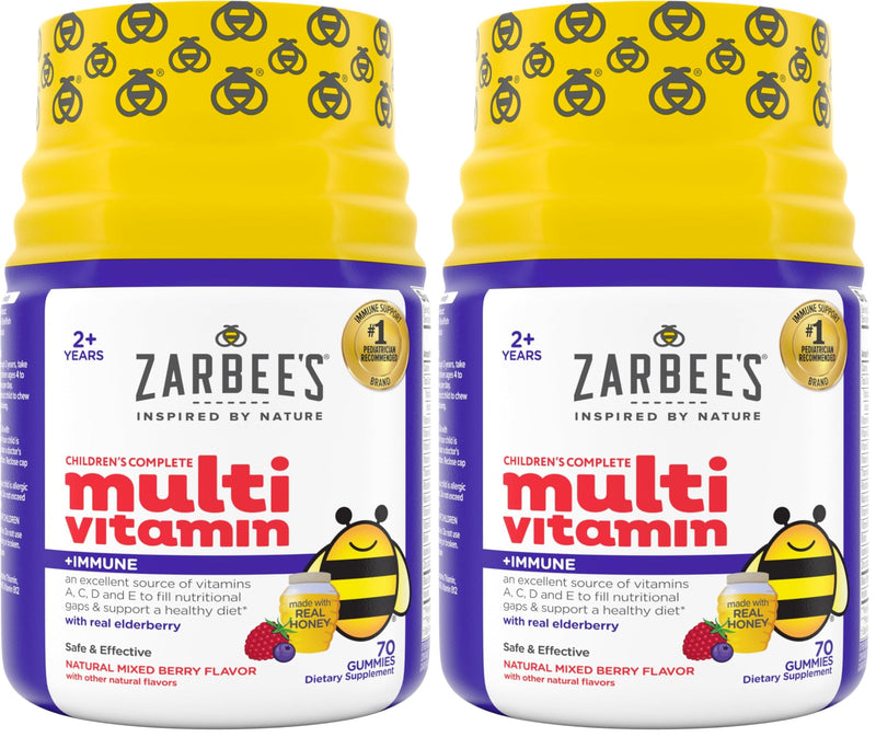 Zarbee's Complete Kids Multivitamin Gummies + Immune Support, Berry Flavor, Honey-Sweetened, Gluten-Free & Gelatin-Free, Vitamins A, C, D3, E, B6, B12, Folic Acid & B-Complex, 70 Count (Pack of 2) 70 Count (Pack of 2)