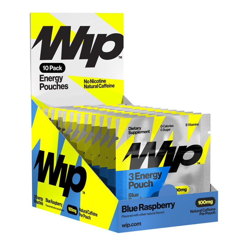 Wip Energy Pouches, Travel Packs, Sugar Free, 100mg Natural Caffeine, B Vitamins, Minerals, L-Theanine, Energy Support, 10 Packs 3 Pouches Each (Blue Raspberry) Blue Raspberry