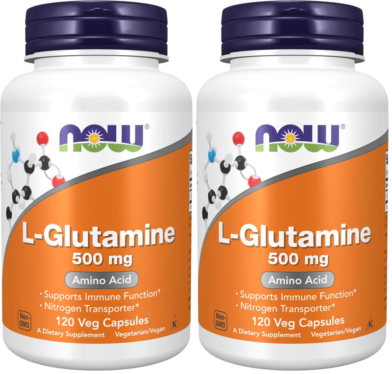 NOW Foods Supplements, L-Glutamine 500 mg, Nitrogen Transporter*, Amino Acid, 120 Veg Capsules, (Pack of 2) Unflavored 120 Count (Pack of 2)