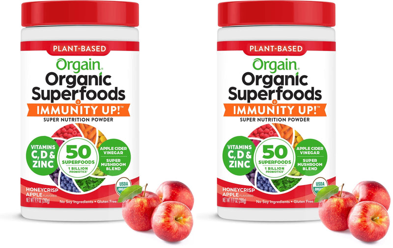 Orgain Organic Greens + 50 Superfoods Immunity Up! Powder,Honeycrisp Apple-Immune Support,Probiotics,Vitamin C,D&Zinc,Apple Cider Vinegar,Ashwagandha,Cordyceps&Reishi Mushrooms-0.62lb,(Pack of 2) Honeycrisp Apple 9.9 Ounce (Pack of 2)