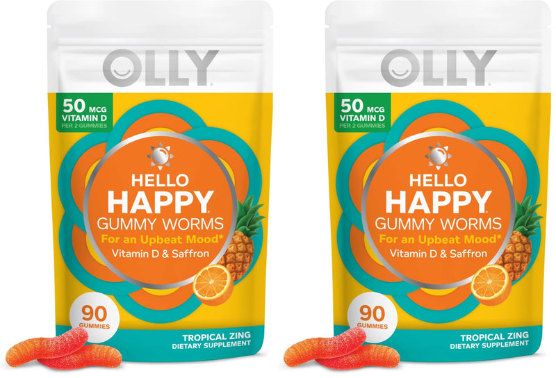 OLLY Hello Happy Gummy Worms,Mood Balance Support,Vitamin D,Saffron,Adult Chewable Supplement,Gluten Free,Tropical Zing -,90 Count (Pack of 2) 90 Count (Pack of 2)