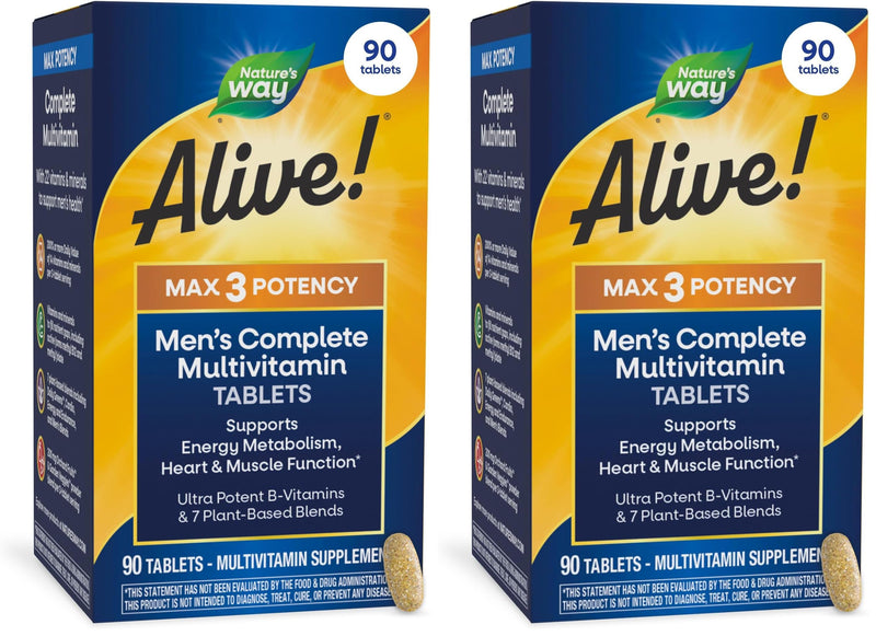 Nature's Way Alive! Men’s Max3 Potency Multivitamins, Supports Energy Metabolism*, Heart & Muscle Function*, with Methylated B12 and Folate, Gluten-Free, 90 Tablets, (Pack of 2) 90 Count (Pack of 2)