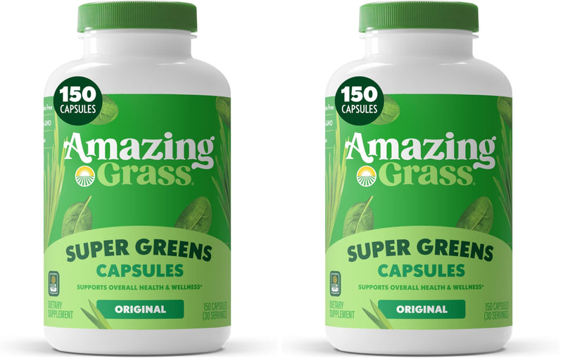 Amazing Grass Greens Blend Superfood Capsules: Super Greens with Organic Spirulina,Chlorella,Beet Root Powder,Digestive Enzymes & Probiotics,150 Capsules (Packaging May Vary),(Pack of 2) Unflavoured 150 Count (Pack of 2)