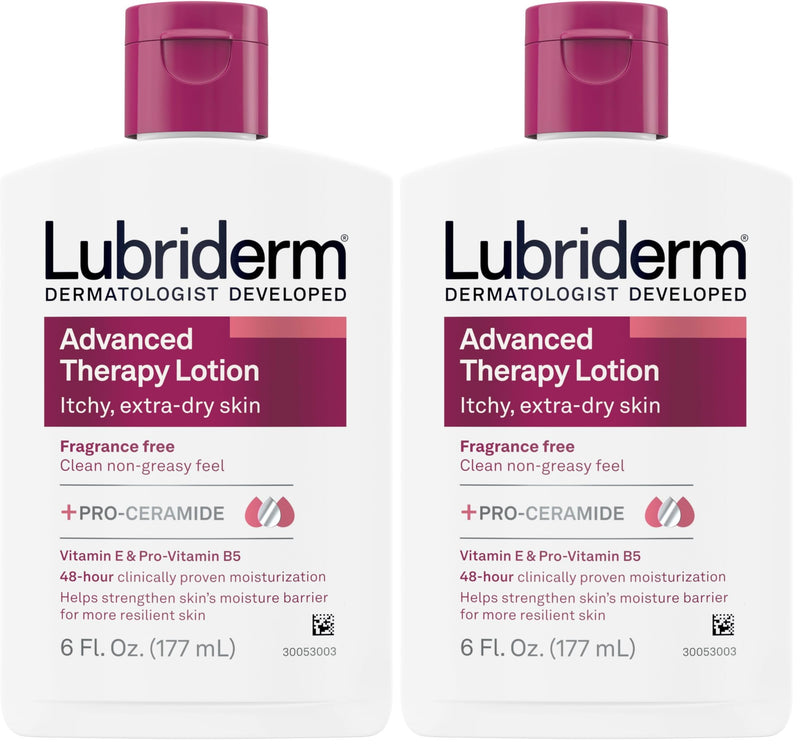 Lubriderm Advanced Therapy Fragrance-Free Moisturizing Hand & Body Lotion + Pro-Ceramide,Intense Hydration for Itchy,Extra Dry,& Sensitive Skin,Non-Greasy,Hypoallergenic,6 fl. oz,(Pack of 2) 6 Fl Oz (Pack of 2)