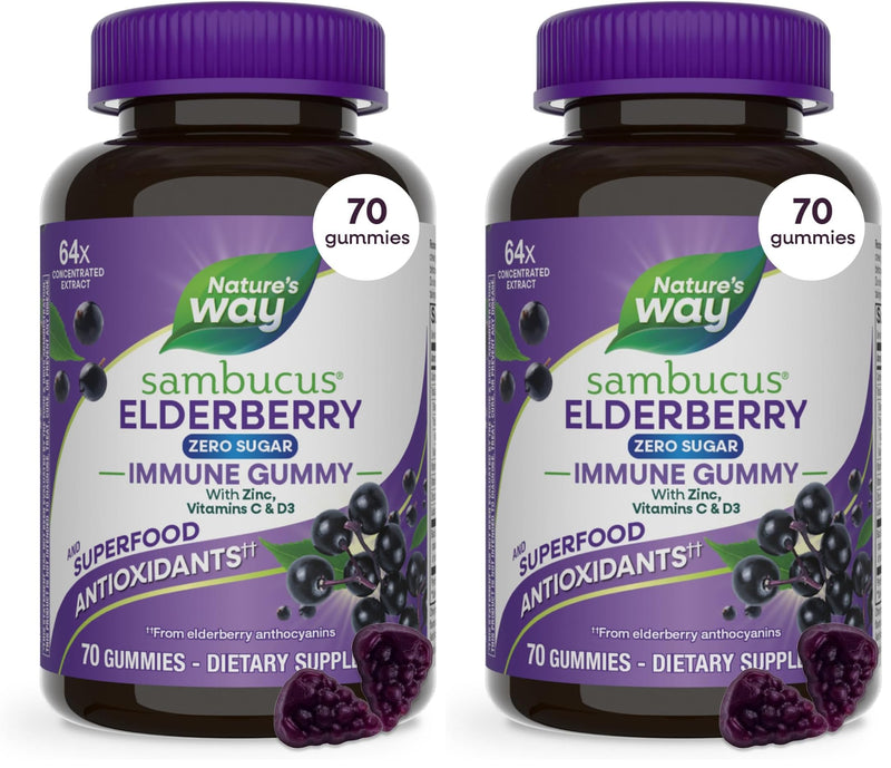 Nature's Way Sambucus Zero Sugar Immune Gummies,Daily Immune Support*,Black Elderberry Extract,Vitamin C,Vitamin D3,Zinc,Sugar Free,Sugar-Alcohol Free,Plant-Based Sweeteners,70 Gummies,(Pack of 2) 70 Count (Pack of 2)