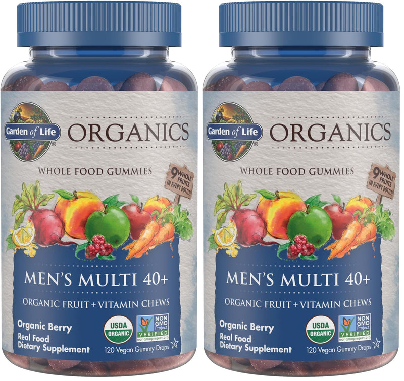 Garden of Life Organics Men 40+ Gummy Vitamins - Berry - Certified Organic, Non-GMO, Vegan, Kosher Complete Multi - Methyl B12, C & D3 - Gluten, Soy & Dairy Free, 120 Real Fruit Gummies, (Pack of 2) 120 Count (Pack of 2)