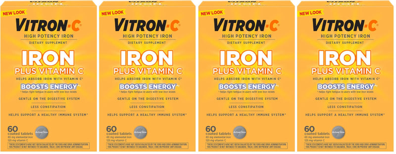 Vitron-C Iron Supplement, Once Daily, High Potency Iron Plus Vitamin C, Support Red Blood Cell Production, Dye Free Tablets, 60 Count (Pack of 4) 60 Count (Pack of 4)