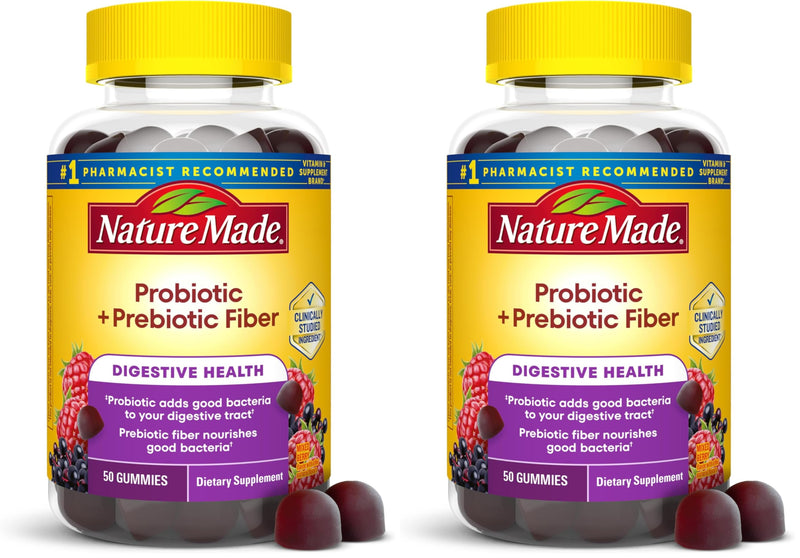 Nature Made Probiotic + Prebiotic Fiber Gummies for Daily Gut Health,Fiber Supplement with Probiotics for Digestive Health Support,50 Gummies,25 Day Supply,(Pack of 2) 50 Count (Pack of 2)