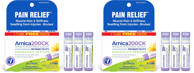 Boiron Arnica Montana 200CK Homeopathic Medicine for Pain Relief, Muscle Pain & Stiffness, Swelling from Injuries, & Bruises - 3 Count (240 Pellets) (Pack of 2) 240 (Pack of 2)