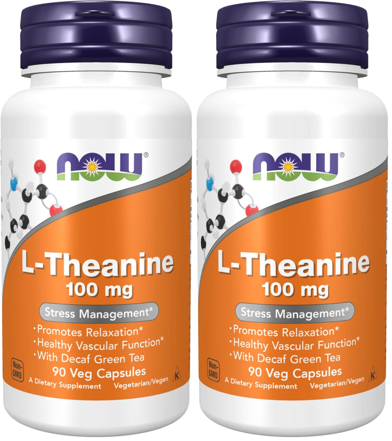 NOW Foods Supplements, L-Theanine 100 mg with Decaf Green Tea, Stress Management*, 90 Veg Capsules,(Pack of 2) 90 Count (Pack of 2)