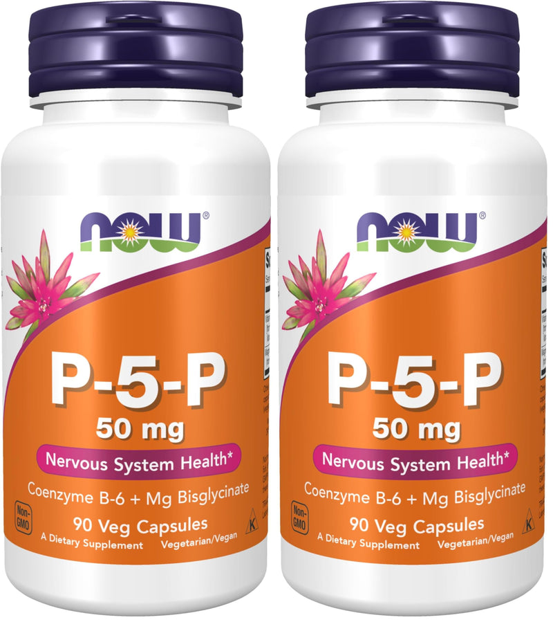 NOW Foods Supplements, P-5-P 50 mg with Coenzyme B-6 + Mg Bisglycinate, 90 Veg Capsules, (Pack of 2) 90 Count (Pack of 2)
