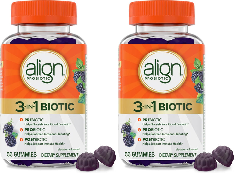 Align Probiotic,3-in-1 Biotic Gummies,Pre + Pro + Postbiotic,#1 Doctor Recommended-Probiotic Brand‡,Helps Relieve Occasional Bloating*,BlackBerry Flavor,50 Gummies,(Pack of 2) 50 Count (Pack of 2)