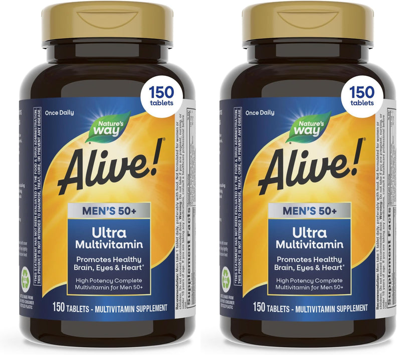 Nature's Way Alive! Men’s 50+ Daily Ultra Multivitamins,High Potency Formula,Supports Healthy Brain,Eyes & Heart*,with Methylated Vitamin B12,Gluten-Free,150 Tablets,(Pack of 2) 150 Count (Pack of 2)
