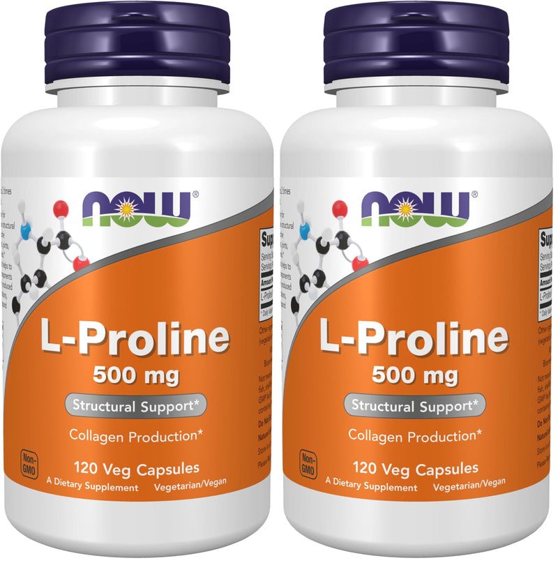 Now Supplements, L-Proline 500 mg, Collagen Production*, Structural Support*, 120 Veg Capsules,(Pack of 2) 120 Count (Pack of 2)