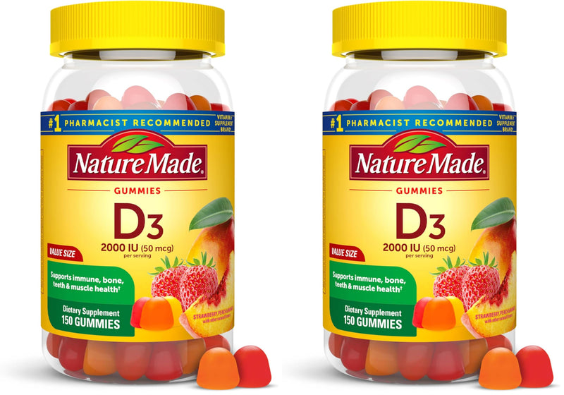 Nature Made Vitamin D3 2000 IU Per Serving Gummies,Bone,Teeth,Muscle and Immune Health Support,75 Day Supply,150 Vitamin D Gummies for Adults,(Pack of 2) Strawberry, Peach, Mango 150 Count (Pack of 2)