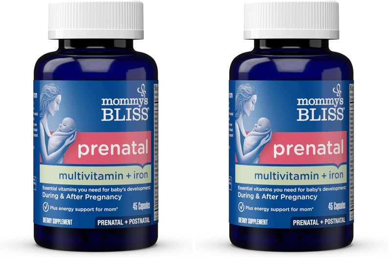 Mommy's Bliss Prenatal Multivitamin with Iron and Folic Acid, Supports Baby Development + Mom Immune System & Energy Levels w/B Vitamins & Probiotics, Vegan & Gluten Free (45 Servings),(Pack of 2) 45 Count (Pack of 2)