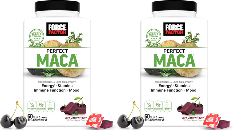 Force Factor Perfect-Maca, Maca Root and DIM Supplement with Saffron to Boost Energy &Mood, with Yellow & Black, Vitamins, Minerals, and Antioxidants, Dark Cherry Flavor,60 Soft Chews,(Pack of 2) 60 Count (Pack of 2) Herbal Supplement