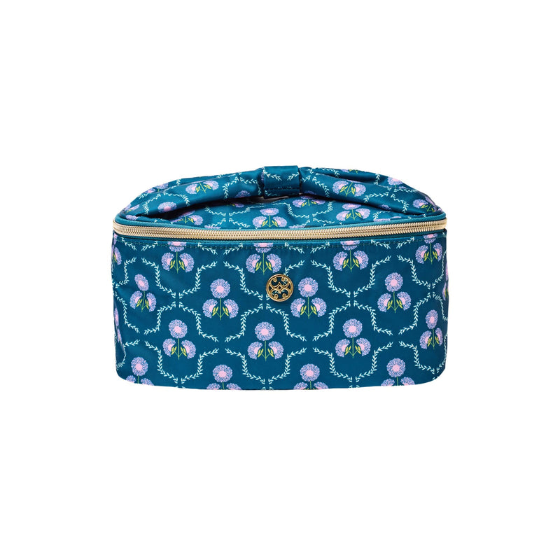 Mary Square Kiss and Make Up Bag - Venice Vines Floral Print Large Cosmetic Case and Toiletry Organizer with Bow Carry Handle - 11 x 5.5 x 5 Travel Makeup Pouch with Gold Hardware