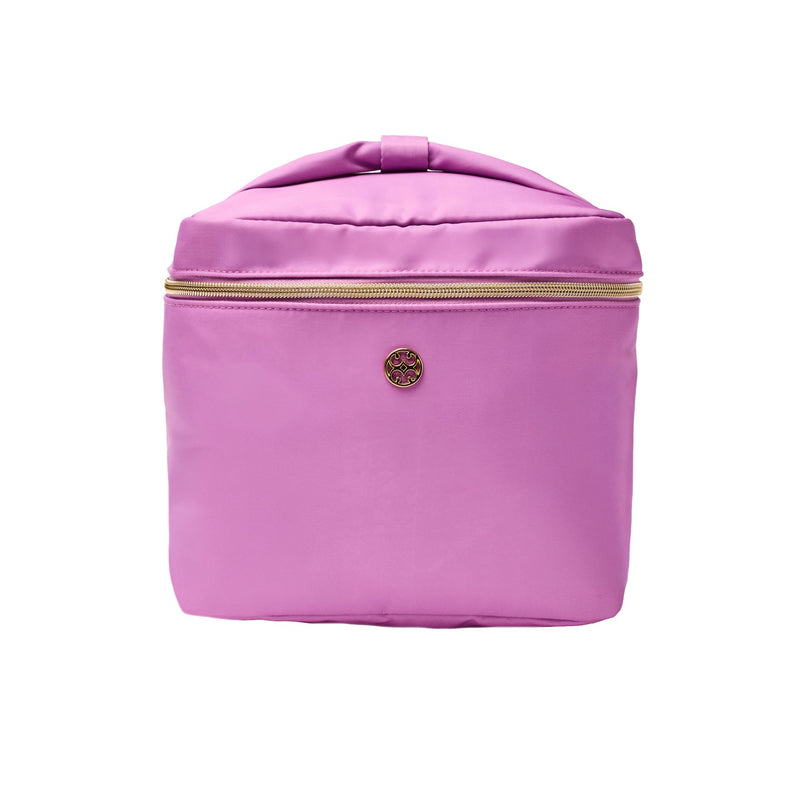Mary Square Ultraglam Cosmetic Bag - Pink Floral Block Extra Large 11 x 7 x 7.5 Travel Toiletry Organizer with Bow Carry Handle and Interior Mesh Pocket - Gold Hardware