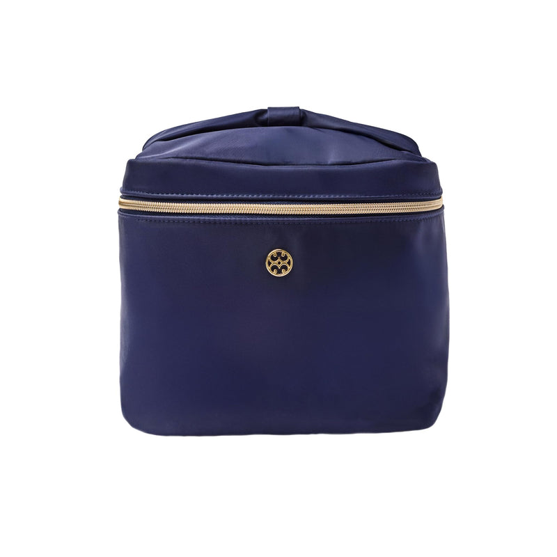 Mary Square Ultraglam Cosmetic Bag - Navy Extra Large 11 x 7 x 7.5 Travel Toiletry Organizer with Bow Carry Handle and Interior Mesh Pocket - Gold Hardware