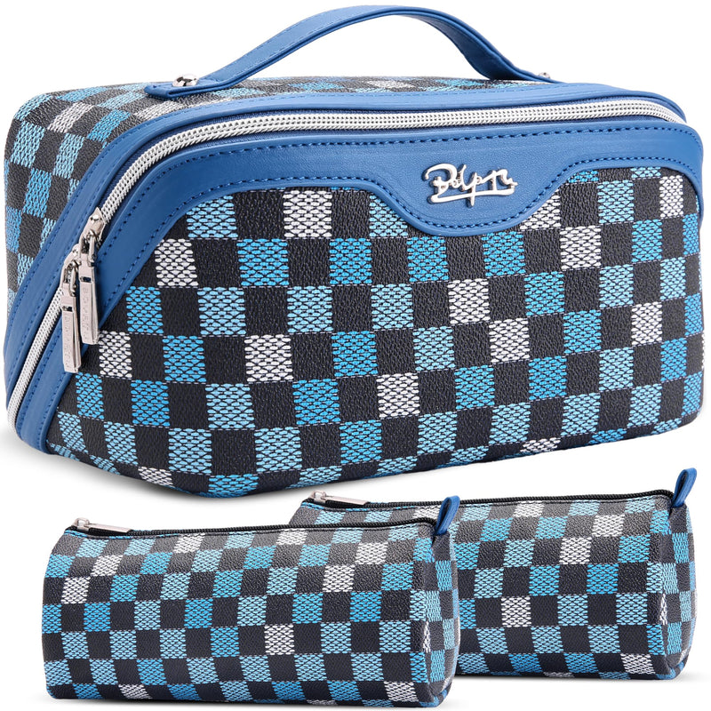BOYATU Travel Makeup Bag Organizer Cosmetic Bag: 3 Pcs Set Make up Bags for Women with Handle - Waterproof Vegan Leather Toiletry Bag (01-H-Blue) 07-A-Blue