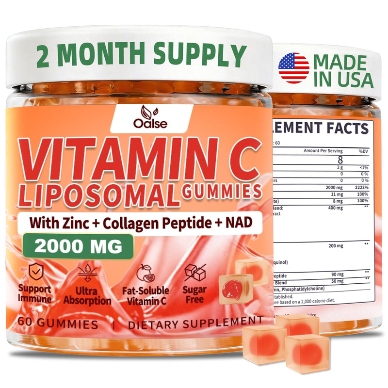 2000mg Liposomal Vitamin C Gummies for Adults, Sugar Free Vitamin C Gummy | Vit C Gummies with Elderberry, Zinc, NAD, for Immune Support Supplement, 60 Counts, Orange Flavor 60 Count (Pack of 1)