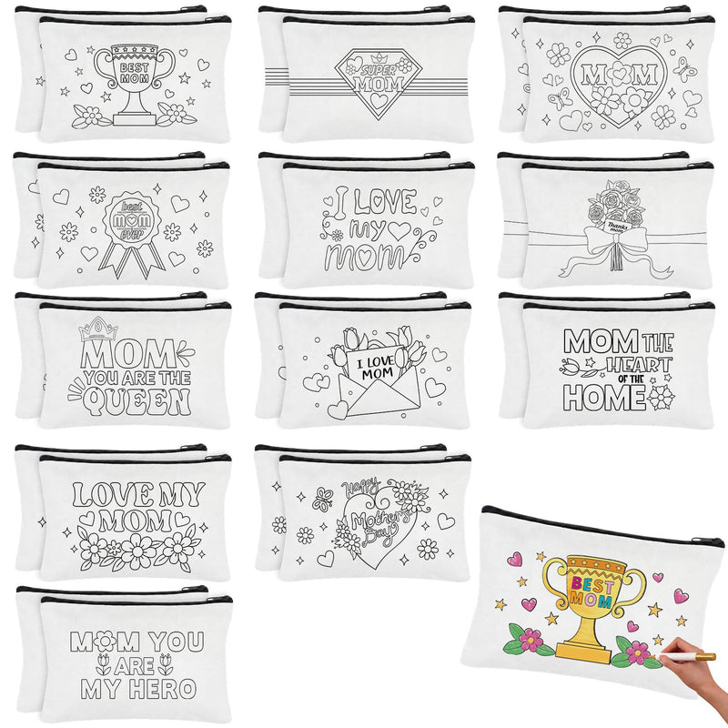 24 PCS Mother's Day Crafts Kit Women Makeup Bag Color Your Own Inspirational Quotes Canvas Cosmetic Bags DIY Make Your Own Art Project for Mom Grandma Gifts Mother's Day Travel Activities