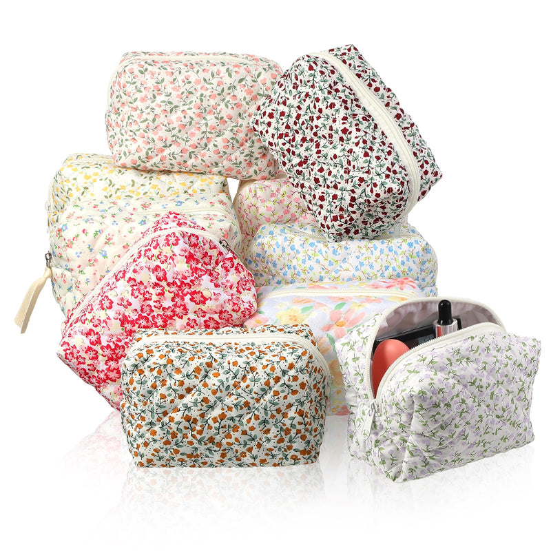 10 Packs Quilted Makeup Bag Different Stylish Floral Designs Flower Theme Toiletry Cosmetic Bag Aesthetic Makeup Pouch Floral Emergency Kit Pouch for Traveling