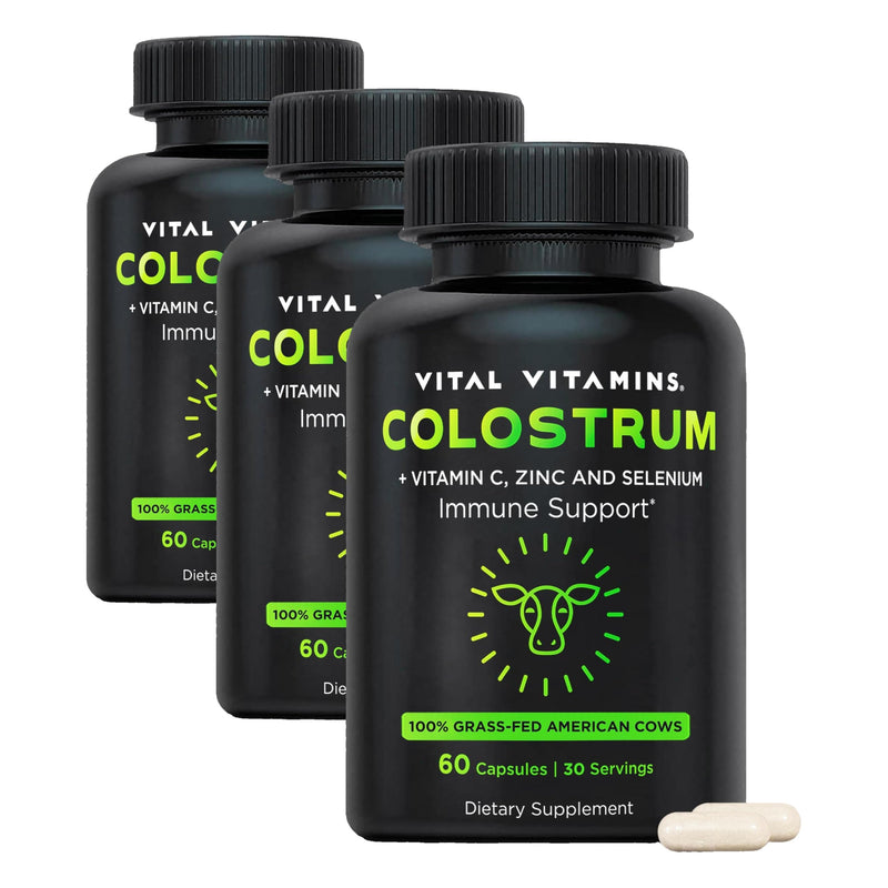 Vital Vitamins Colostrum Supplement - Vitamin C, Zinc, & Selenium - from First Milking - Standardized to Contain 10% IgG Immunoglobulins - Grass-Fed American Cows - 60 Capsules (Pack of 3) 60 Count (Pack of 3)
