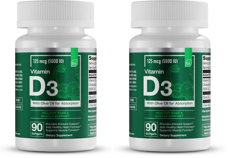Essential Elements Vitamin D3 5000 IU - Softgels with Olive Oil - Bone, Muscle, & Immune Support - 90 Count (Pack of 2) 90 Count (Pack of 2)
