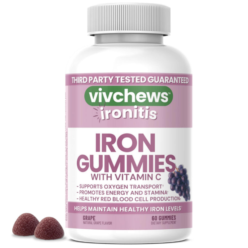 Iron Gummies with Vitamin C – 20 mg Iron (Ferrous Fumarate), Supports Healthy Iron Levels, Natural Grape Flavor, Fruit Pectin Based, Gelatin-Free, Non-GMO, 60 Count