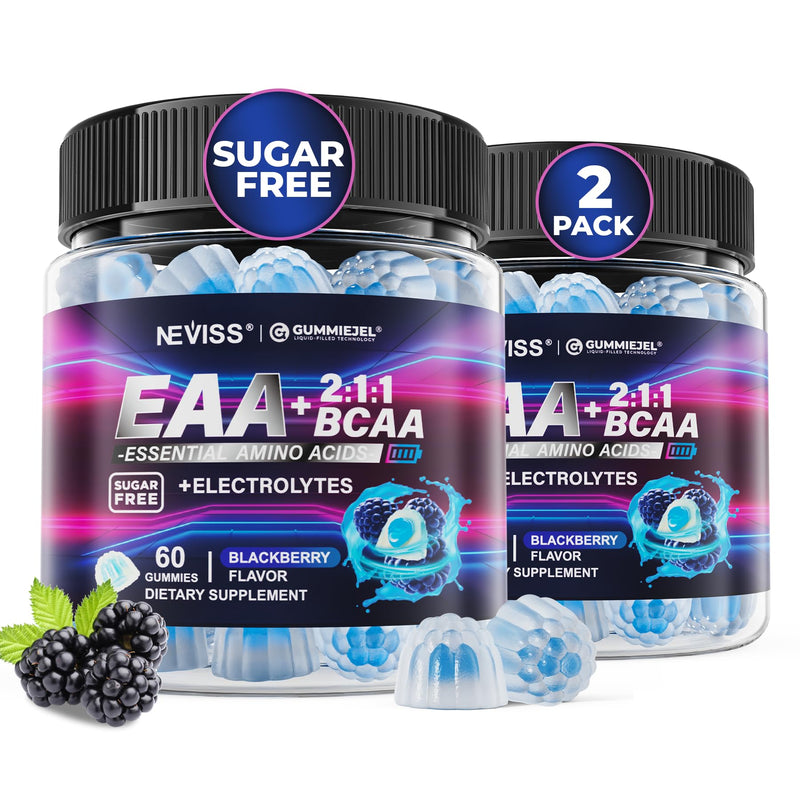 Essential Amino Acids Supplements EAA BCAAs Gummies Sugar Free, Vegan 120ct | EAAs Nutritional Gummy w/ Electrolyte Hydration, Branched Chain Amino Acids Supplement for Women Men, Black Raspberry Flavor 60 Count (Pack of 2)