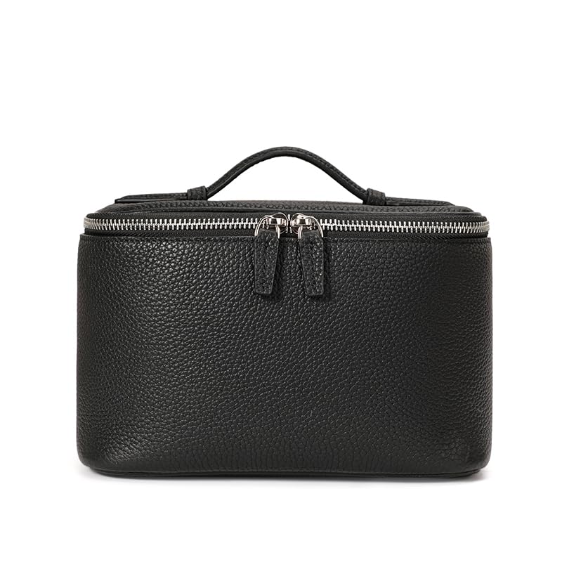 Ladies' makeup bag made of top-grain genuine leather, with a litchi pattern multi-functional for jewelry storage suitable for travel, commuting home use Cosmetic Case Black,lychee pattern