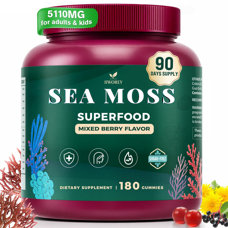 Sea Moss Gummies, 15-in-1 Natural Irish Seamoss Gummies for Adults & Kids | with Shilajit, Elderberry, Bladderwrack, Burdock Root, Turmeric for Immune, Energy, Detox & Metabolism, 0 Sugar, 180 Count 180 Count (Pack of 1)