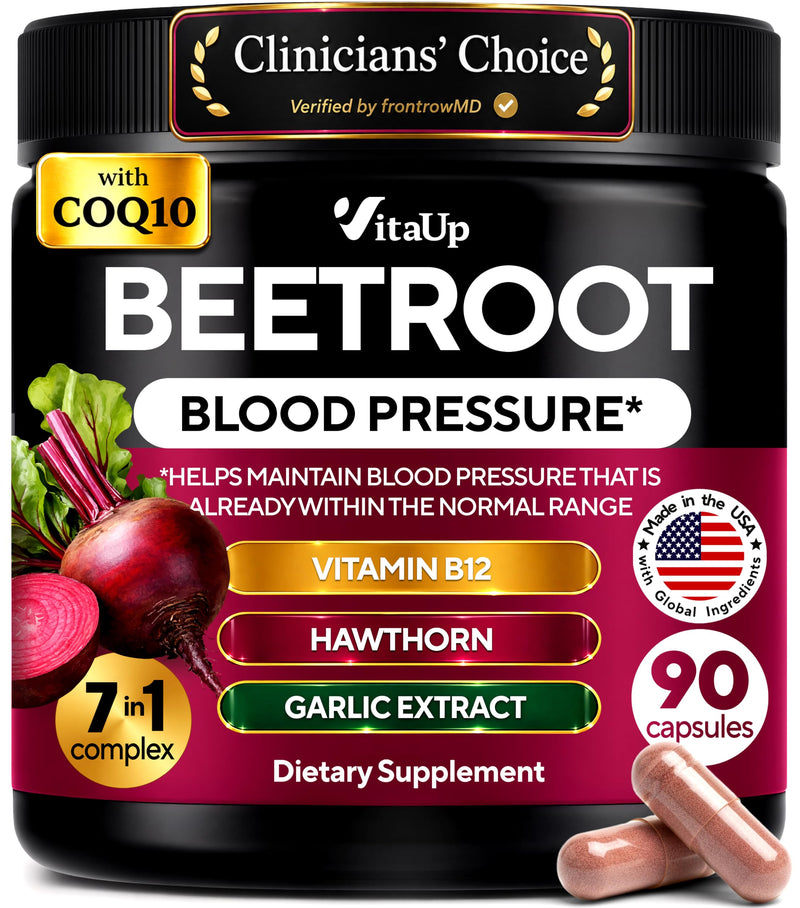 Normal Blood Pressure Supplement - 7-in-1 Beet Root Capsules with CoQ10, Grape Seed, Vitamin B12 for Heart Support - USA Made Beetroot Capsules for Normal Circulation - 90 Vegan Beets Caps 90 Count (Pack of 1)