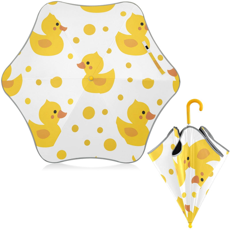 Strawberry White Flower Pattern Kids Umbrellas for Rain UV Protection Umbrellas Travel Portable Umbrella for Girls and Boys Yellow Duck