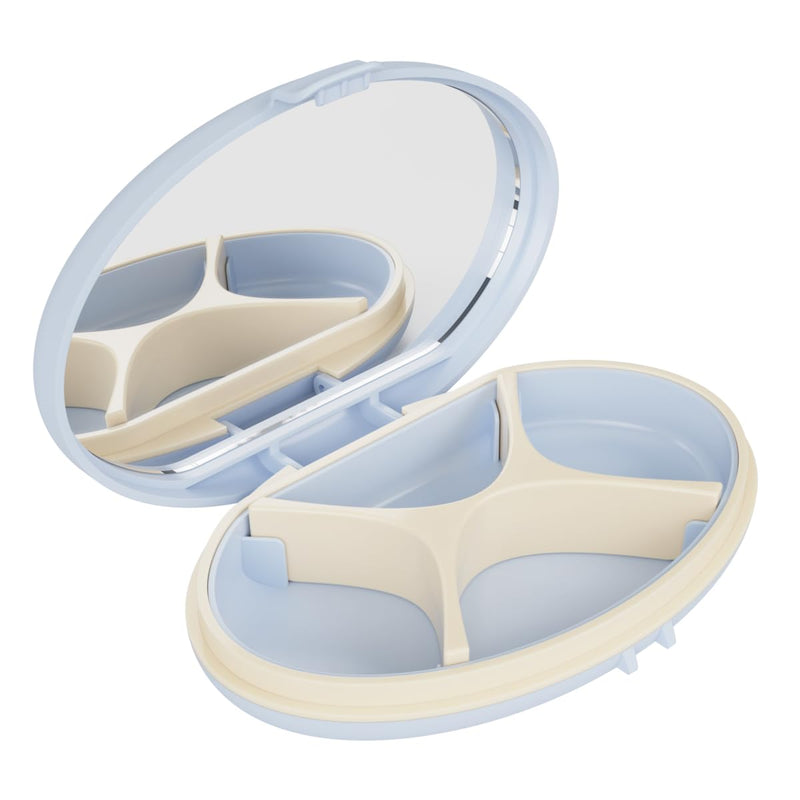 Equadose Oval Compact Pill Case, Portable Organizer with Mirror, Blue | Travel Medication Holder with Removable Divider, Small Storage Case for Pills, Vitamins, Earbuds, Jewelry & Daily Essentials Oval/Blue