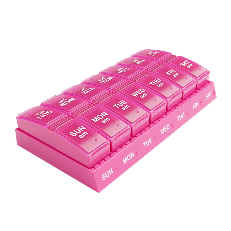 Ezy Dose Weekly (7-Day) AM/PM Pill Organizer, Small Medicine Planner, Pink | Daily Vitamin & Supplement Prescription Box, Compact Pop-Out Compartments, 2 Times a Day Holder, Travel-Friendly, BPA-Free