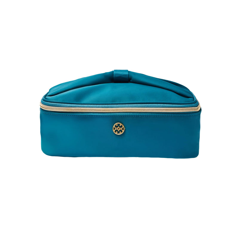 Mary Square Make Me Blush Bag - Venice Vines Teal Large 10 x 7 x 3.5 Travel Cosmetic Case and Toiletry Organizer with Bow Carry Handle - Durable Beauty Pouch with Gold Hardware