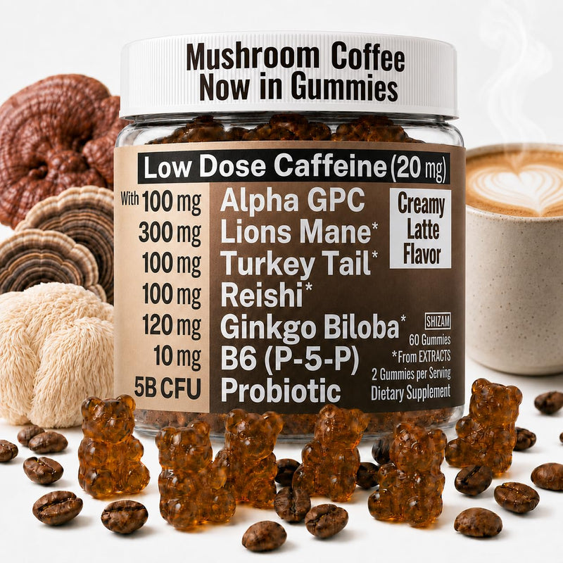 Mushroom Coffee Gummies with Lion’s Mane, Ginkgo Biloba, Alpha GPC & B6 P5P | Ginkgo Biloba, Alpha GPC, Mushroom Complex (Lion's Mane, Turkey Tail, Reishi), Probiotic, Vitamin B6 (P-5-P)