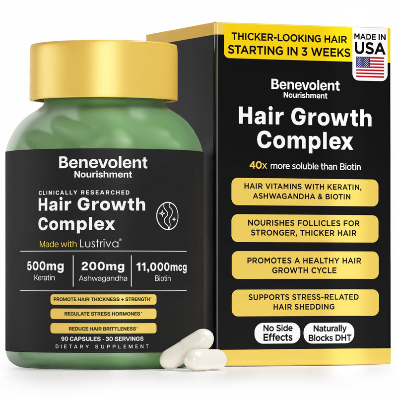 Benevolent Lustriva Hair Growth Supplement with Keratin & Biotin – 90 Count | Advanced Hair Vitamins for Thicker-Looking, Stronger Strands, Support for Stress-Related Thinning in Women & Men 90 Count (Pack of 1)
