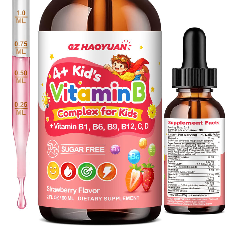 Vitamin B Complex for Kids with B1, B6, B9, B12 & Magnesium, Super Greens, Kids B Complex Supplement for Brain Support, Energy & Focus, Digestive Gut & Immune Support, Strawberry Flavor, 2 fl oz