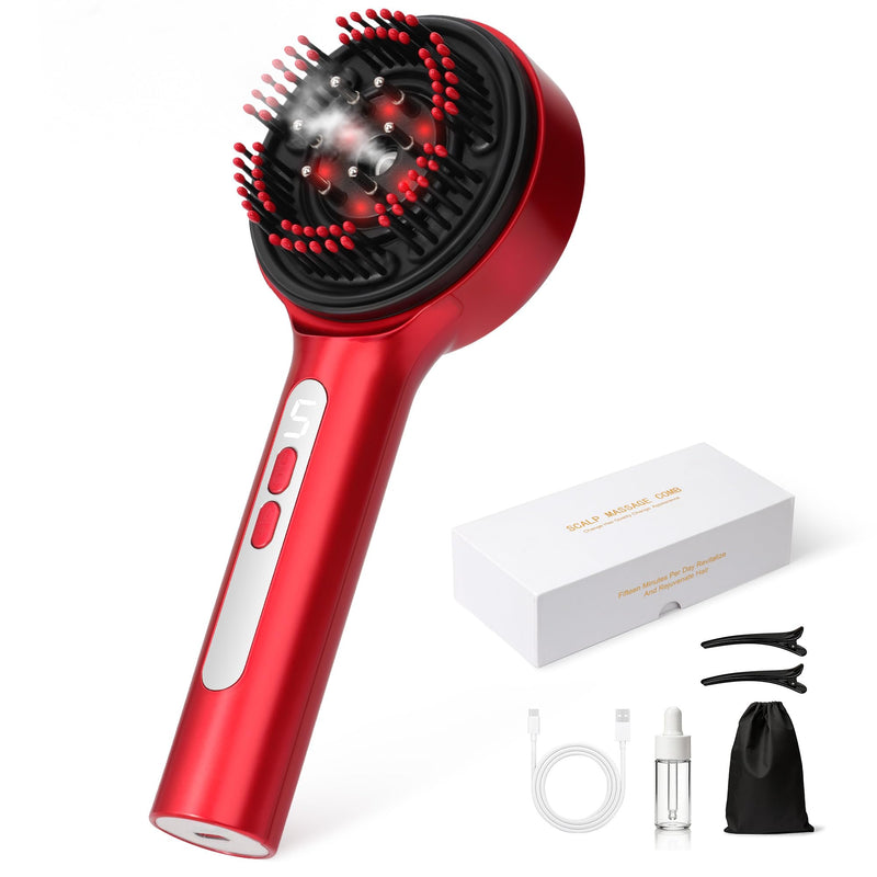 Cordless Electric Scalp Care Comb with Refillable Mist Reservoir, 72 Flexible 3D Comb Tips, 5 Intensity Levels, USB-C Rechargeable Portable Hair Care Tool for Home and Travel Red