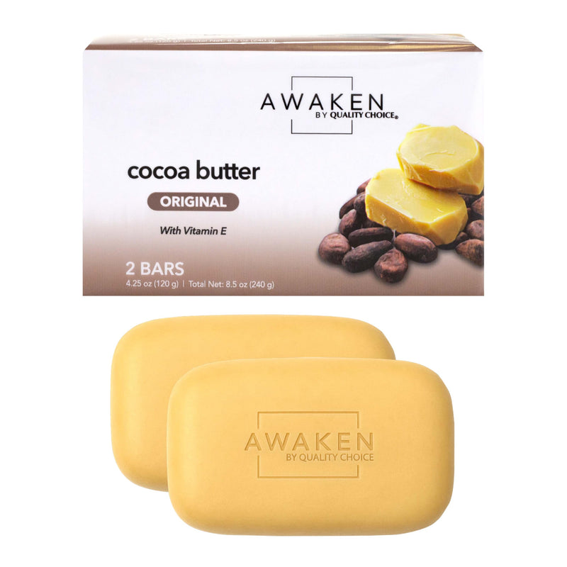 Awaken Cocoa Butter Bar Soap with Vitamin E, Moisturizing Body and Face Cleanser, Gentle Daily Bath Soap with Rich Creamy Lather, Nourishing Skincare Bars 2.13 Ounce (Pack of 2)